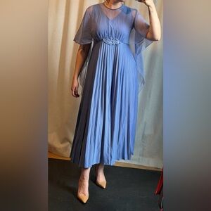 1970s antique Elegant Blue Pleated Maxi Dress with cape detail